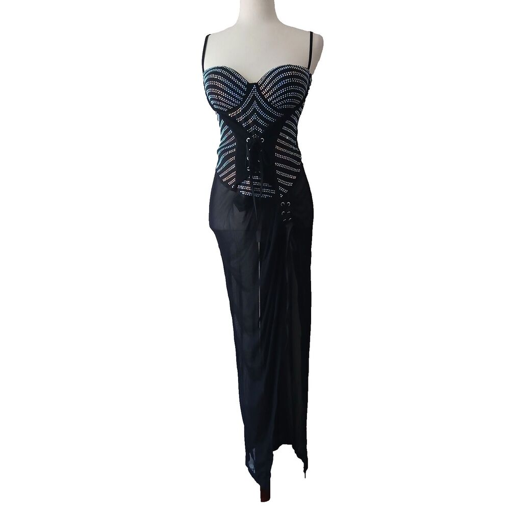 Banjul Black Rhinestone Mesh Maxi-Prom Dress Bustier Formal Gown Medium #1054